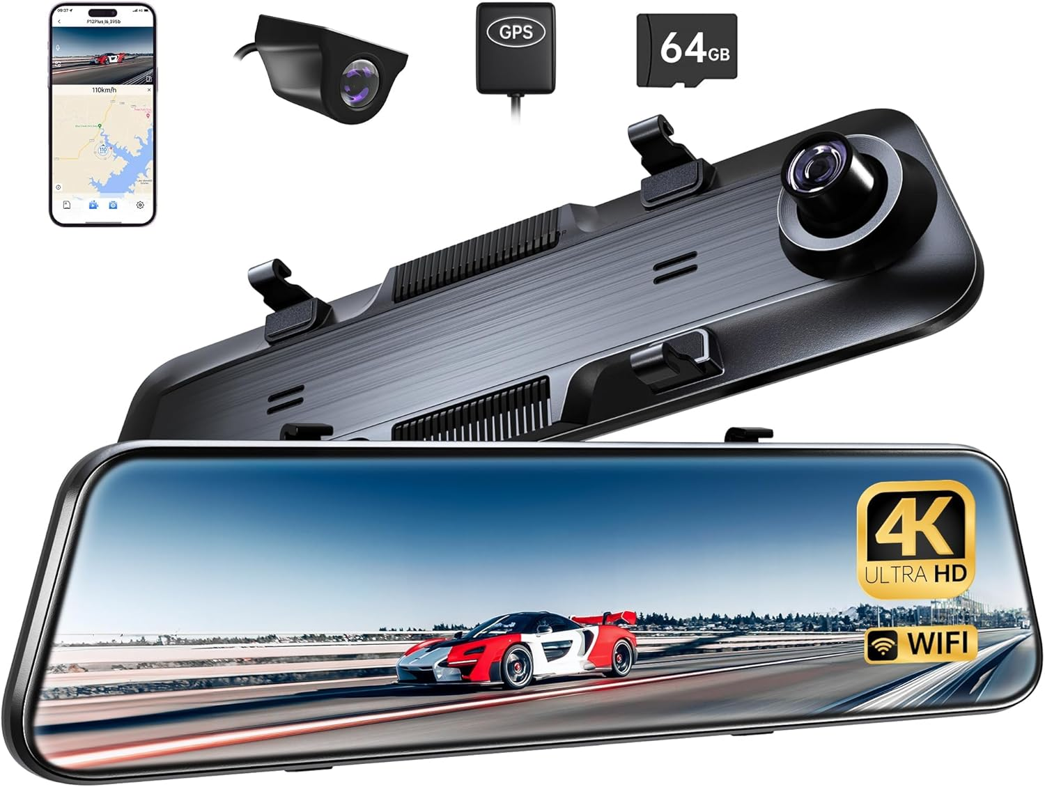 Pelsee P12 plus 4K Rear View Mirror Camera with ADAS and BSD, 5.8Ghz Wifi Mirror Dash Cam Front and Rear, Backup Camera for Car, GPS, 64GB Card Included, WDR Night Vision, Voice Control, 12" Display image number 6