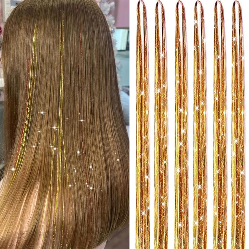 Hair Tinsel Blue 1200 Strands 48 Inches Sparkling Tinsel Hair Extensions, Fairy Hair Tinsel for Birthday Halloween Christmas New Year Party image number 2