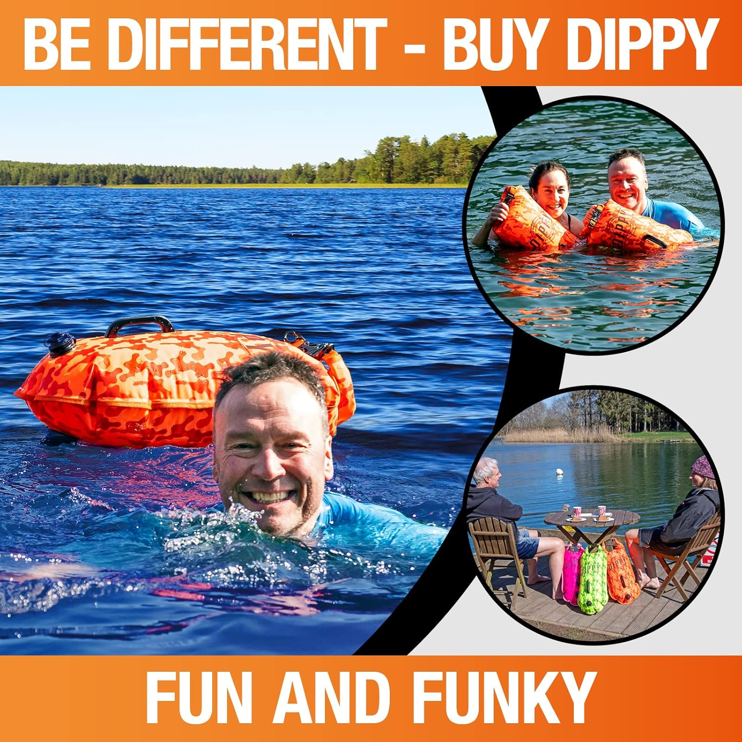 DIPPY Tow Floats for Open Water Swimming | 28L Swim Buoy Open Water Swimming Float | Waterproof Swimming Buoy | Tow Float Dry Bag | Wild Swimming Float | Wild Swimming Accessories (Orange Cammo) image number 5