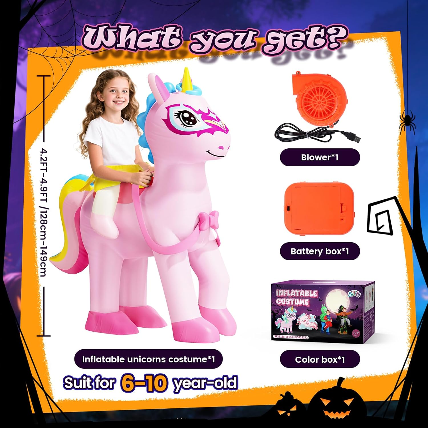 Skirfy Inflatable Unicorns Costume for Kids Riding on Unicorns Blows up Costumes for Girls 6-8 8-10 Funny Halloween Parties Cosplay Dress Easter,Thanksgiving Cosplay Events Party