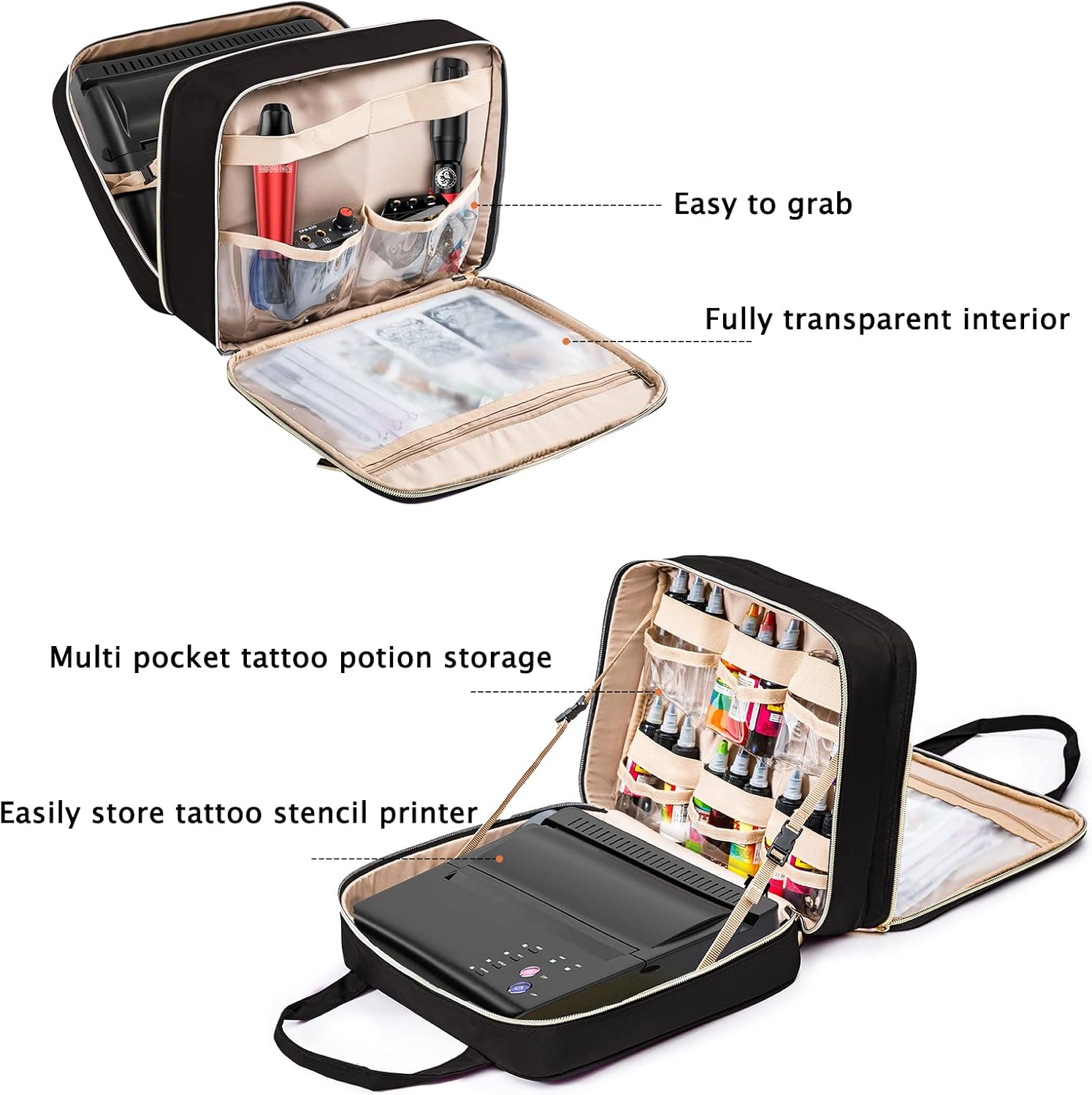 ELCUPA Tattoo Carrying Case-Tattoo Supplies Organizer-Tattoo Kit Case -Tattoo Supplies Carrying Bag for Tattoo Stencil Printer, Tattoo Ink, Tattoo Equipment, Tatoo Pens Black (BAG ONLY) image number 5