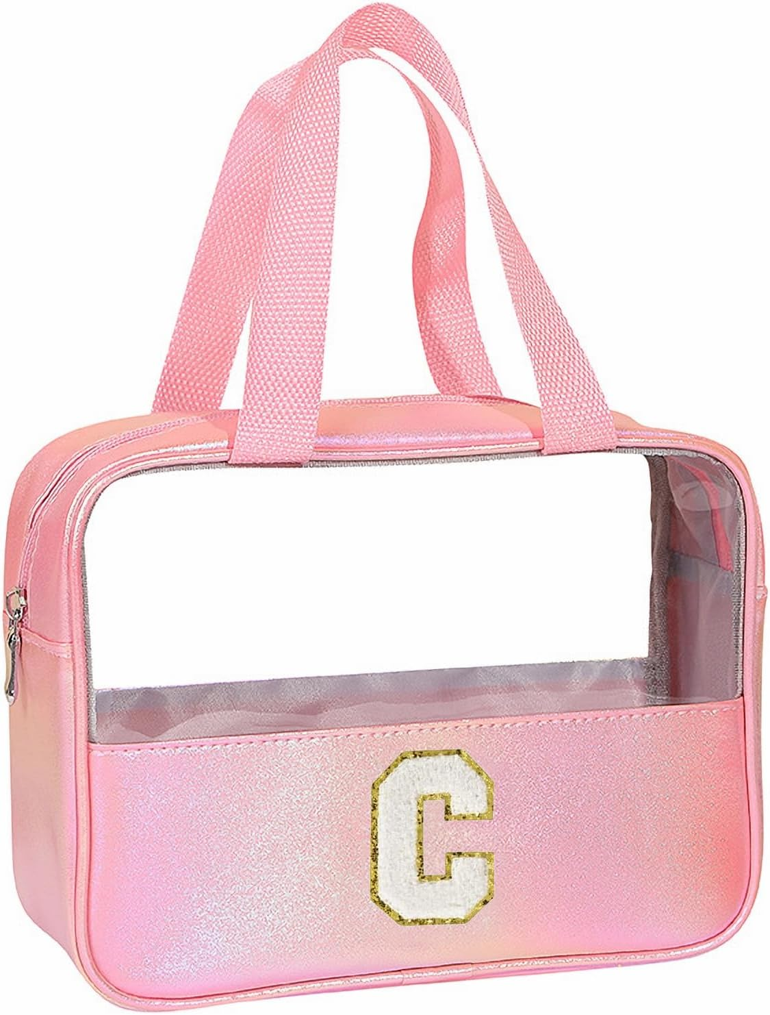 Personalised Transparent Cosmetic Bag, Pink Toiletry Bag, Travel Waterproof Toiletry Bag, Birthday Gifts for Girls, Women, Mothers, Best Friends and Bridesmaids, Letter V