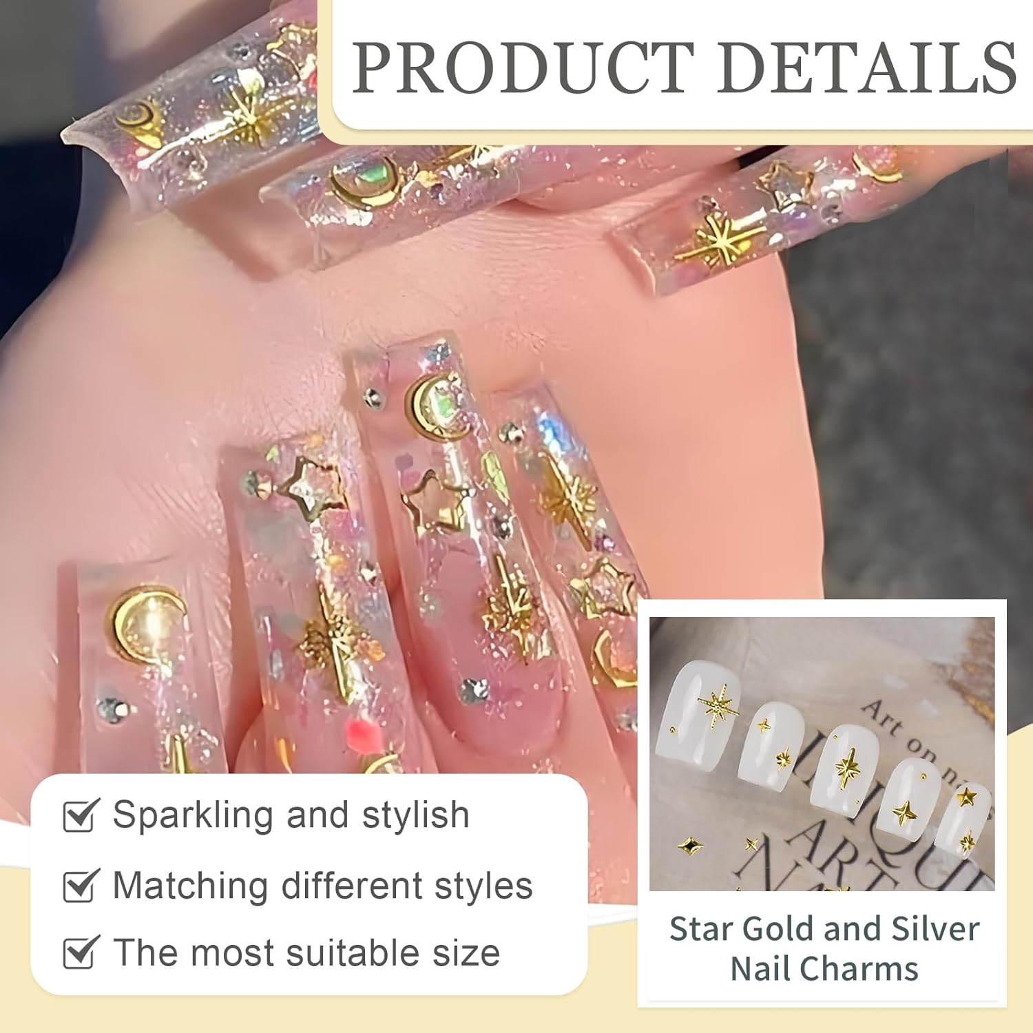 Jotia 2 Boxes Gold Silver Nail Charms, Star Moon Sun Nail Jewelry Decorations Nail Art Rhinestones for Women Girls DIY Manicures Crafting Decoration image number 2