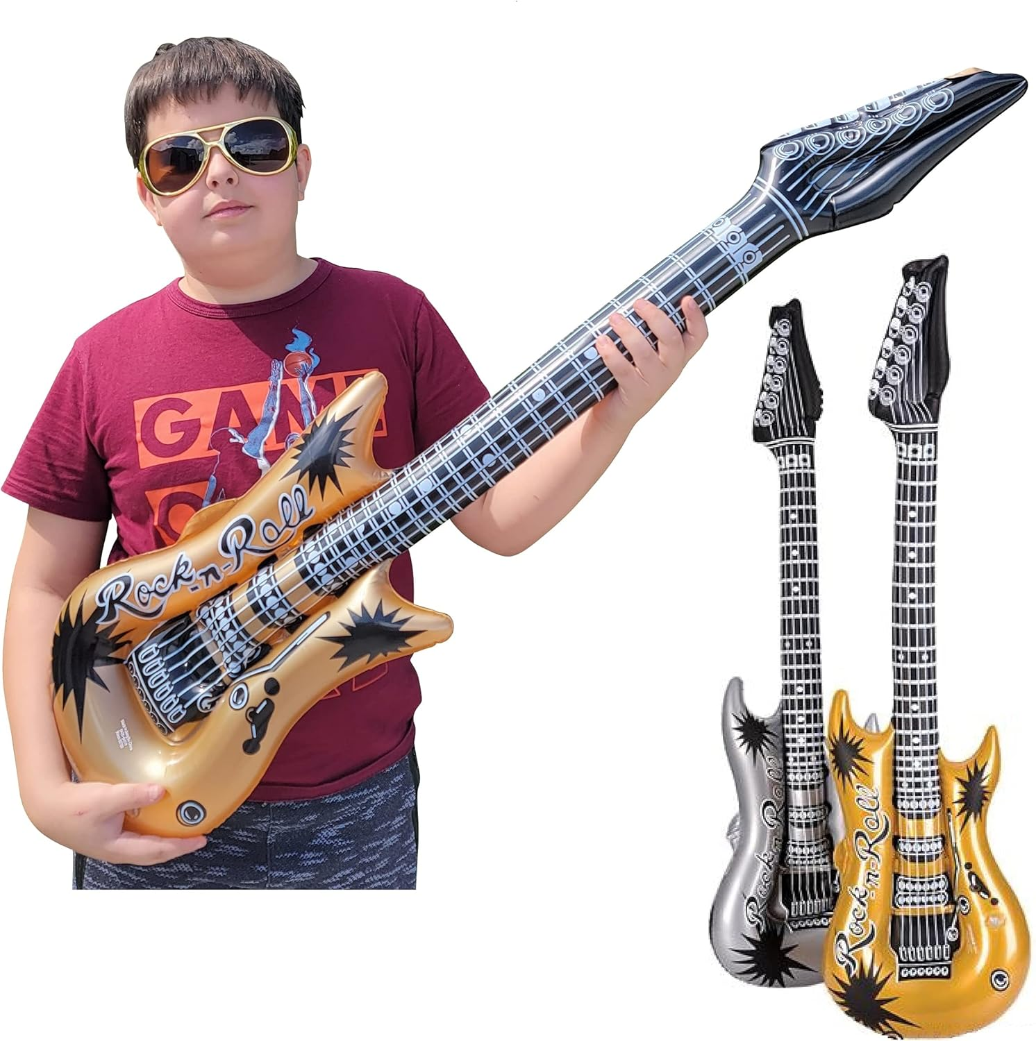 Zugar Land Rock Inflatable Guitar (42 Inches) Vinyl. Perfect Party Favor, DJ Dance 80S Rocker (Gold and Silver (2 Pack)), Multi, 42 Inch image number 2