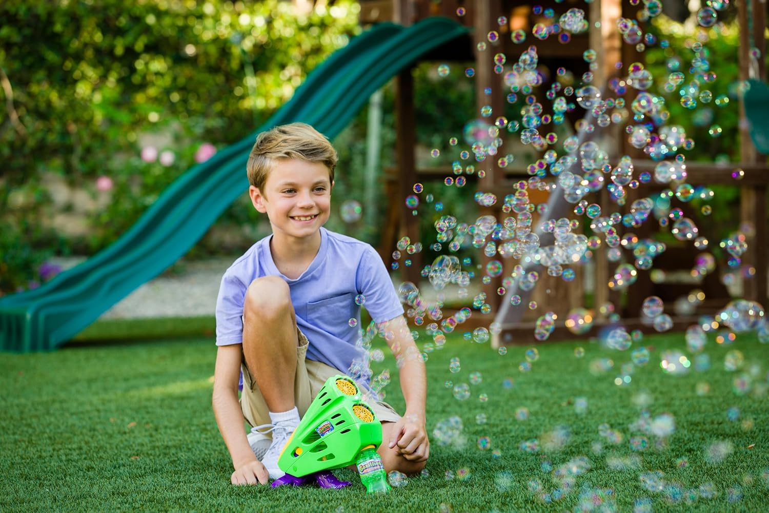 Gazillion Bubbles Double Bubble Blaster - 2-In-1 Bubble Wand & Machine - Endless Bubbles - LED Light Show - Includes 2 Bottles of Bubble Solution