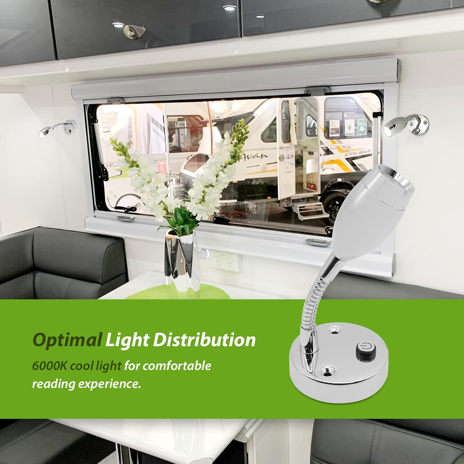 Dream Lighting 12V LED Reading Light Programmed Switch Flexible Arm Blue/Cool White Lighting RV Camper Motorhome Boat Yacht Bedside Map Chart Wall Lamps Intreior Surface Mounting Lighting Pack of 2