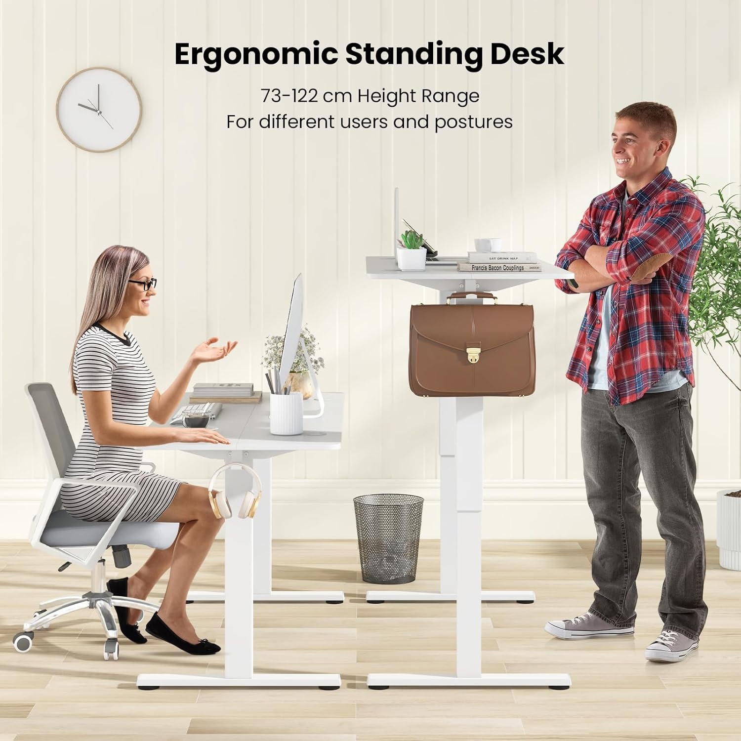 Giantex Electric Standing Desk, 140 X 60 Cm Sit Stand Home Office Desk with 3 Memory Height Settings, Height Adjustable Computer Desk with 2 Hanging Hooks & Cable Management (White) image number 2