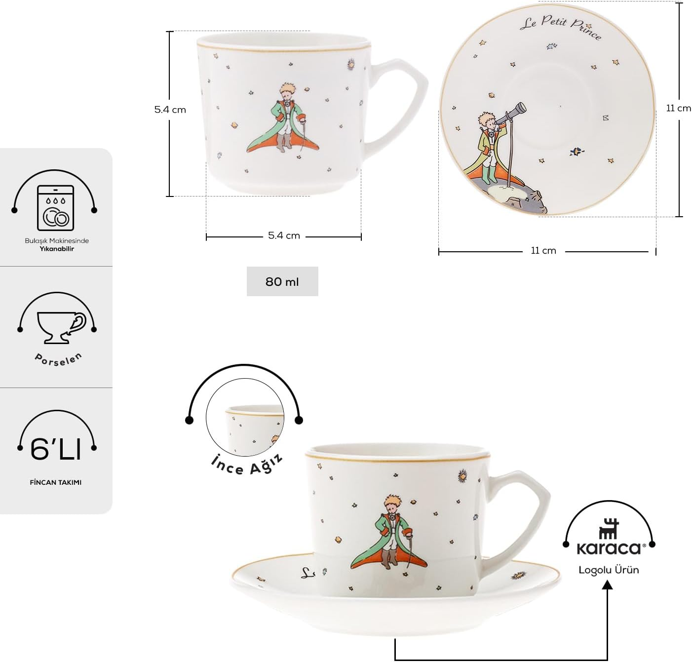 KARACA Porcelain Coffee Cups with Handle for Hot Beverages the Little Prince Cup and Saucer Set of 12 for 6 Perc. 3 Fl Oz (80 Ml) Teacup for Cappuccino Latte Cocoa Milk Tea image number 3