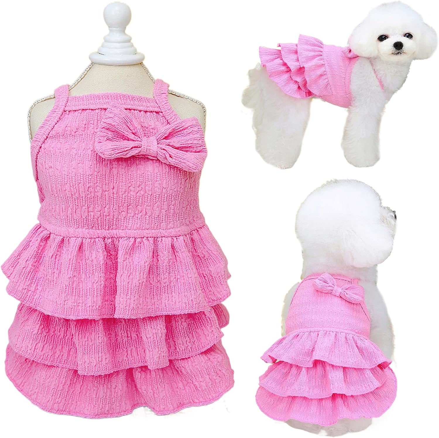 Cat Dresses for Cats, Pink Dog Dress for Small Dogs with Ruffles Bow Decor, Cute Summer Girl Clothes, Sleeveless Tiered Layer Cake Dress, Chihuahua Yorkie Outfit (Pink, M) image number 1