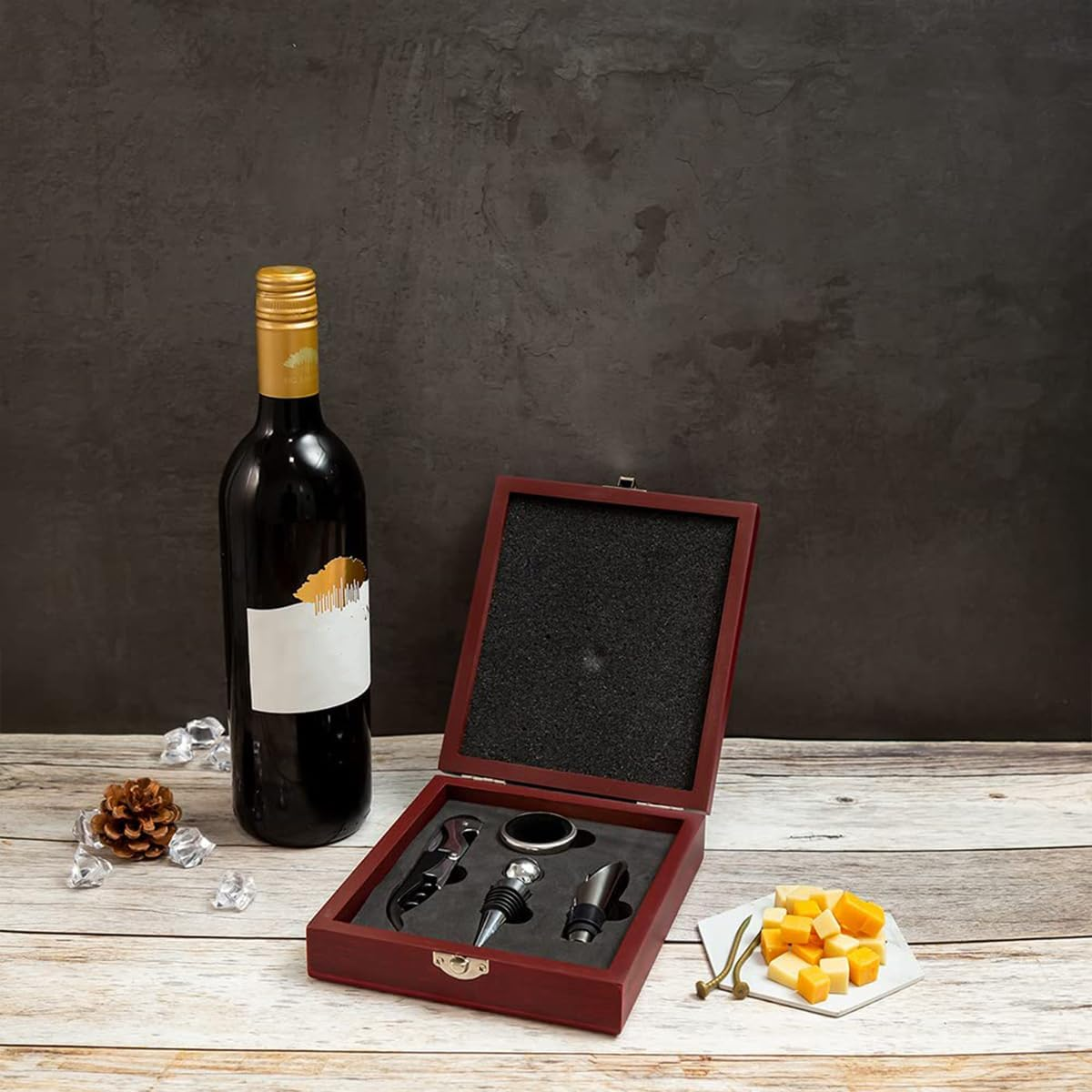 AIMALL Stainless Steel Wine Opener Set with Bamboo Box &ndash; 4-In-1 Multifunctional Corkscrew, Stopper, Drip Ring & Pourer for Red Wine, 5.9X6.7X1.85In - Khaki Wooden Box image number 2