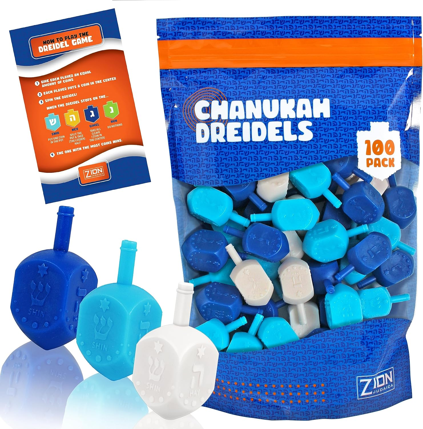 Zion Judaica Hanukkah Dreidels Multi Blue, White Medium Size Dridels Bulk Plastic Drydlech Hebrew Letters and English Transliteration Includes Traditional Chanukah Game Guide Ziplock Bag Hanuka Fun