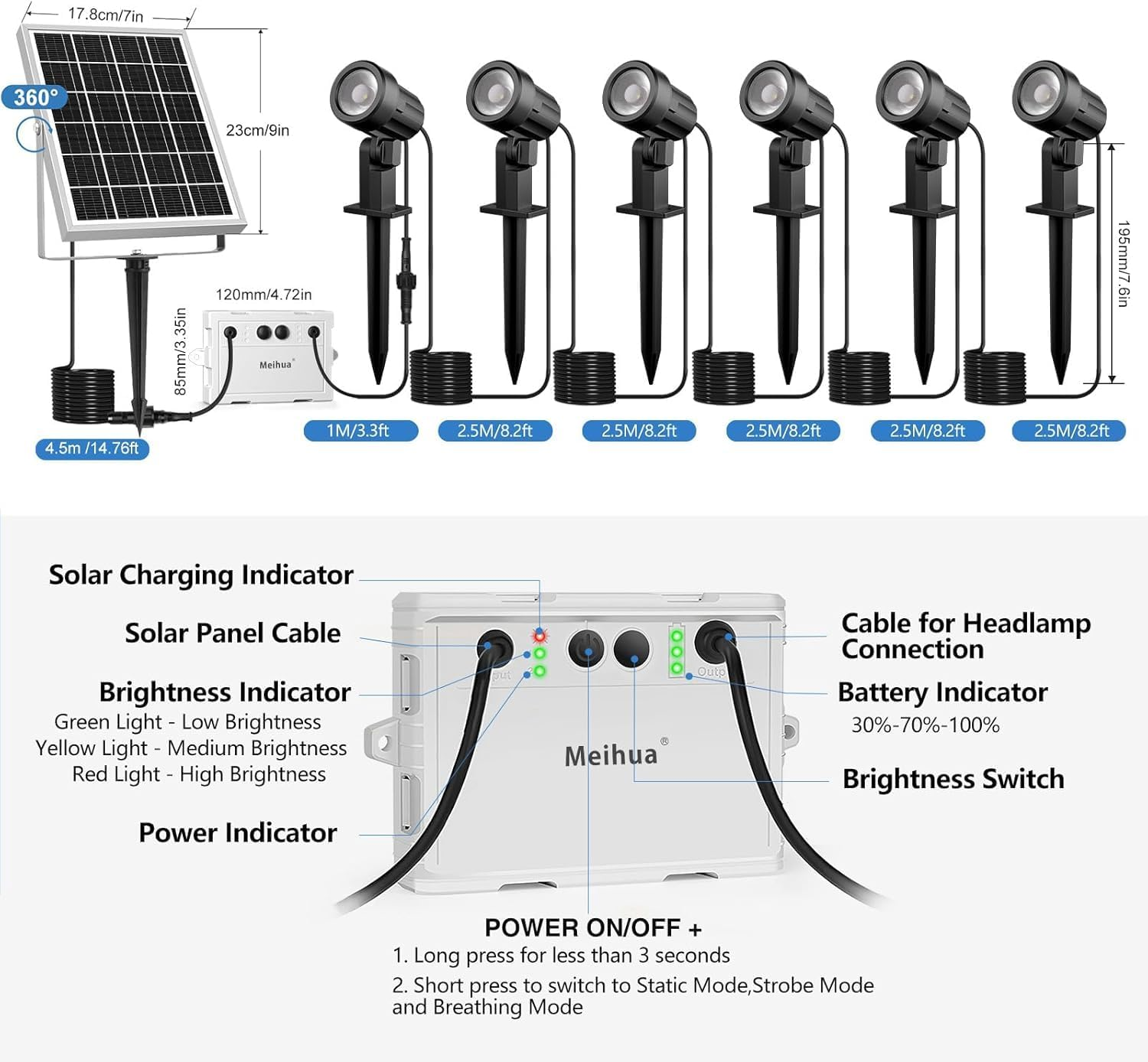 MEIHUA 6 in 1 Solar Spotlights Outdoor 2700K Warm White 3 Brightness IP66 Waterproof Solar Garden Lights Outdoor Smooth/Flash Mode Landscape Lights for Garden Path Tree Pathway Yard image number 2