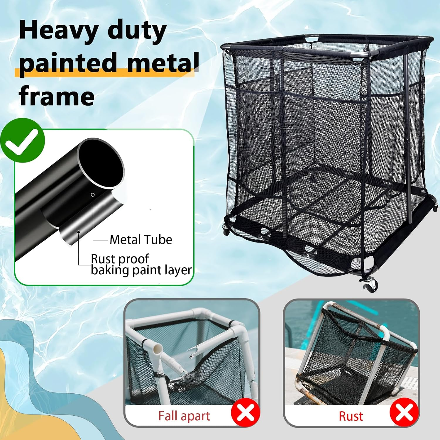 Pool Float Storage Organizer with 2 in 1 Mesh Storage Cover, XXL Nylon Mesh Pool Storage Bin Pool Float Toy Holder with Metal Frame and 360&deg; Wheel for Pool Noodles Toys Floats Balls Equipment (L)