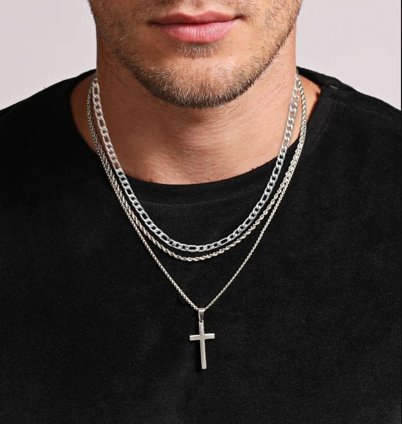 3Pcs Set Cross Necklace for Men, Mens Cross Necklace Cross Chain Layered Stainless Steel Rope Figaro Chains for Women Boys Gold Silver Black (20Inch/22Inch) image number 5