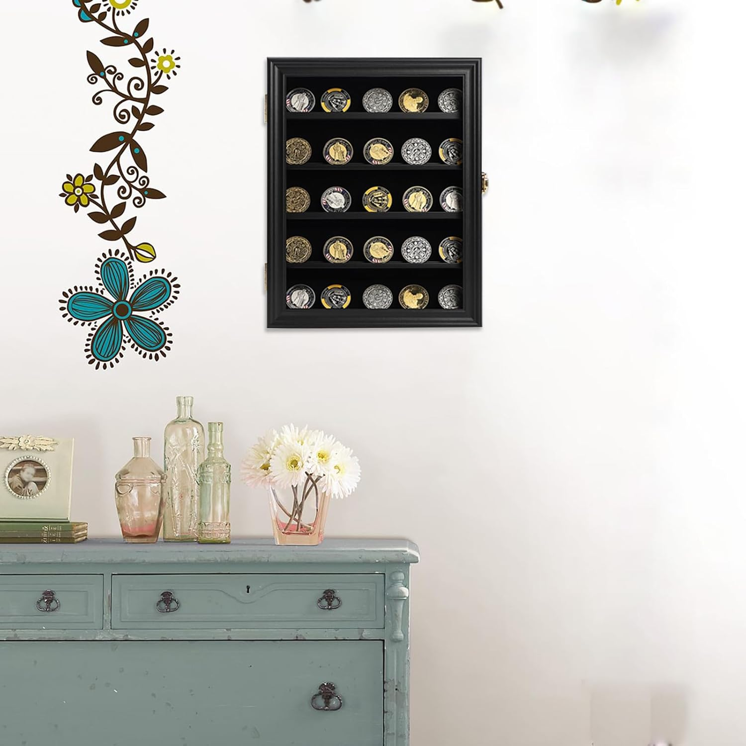 Sboitflmm Military Challenge Coin Display Case Lockable Cabinet Shadow Box with Removable 2 Grooves Shelves and anti Fade Acrylic Glass Door for Casino Poker Chips Collectibles Small Black image number 1