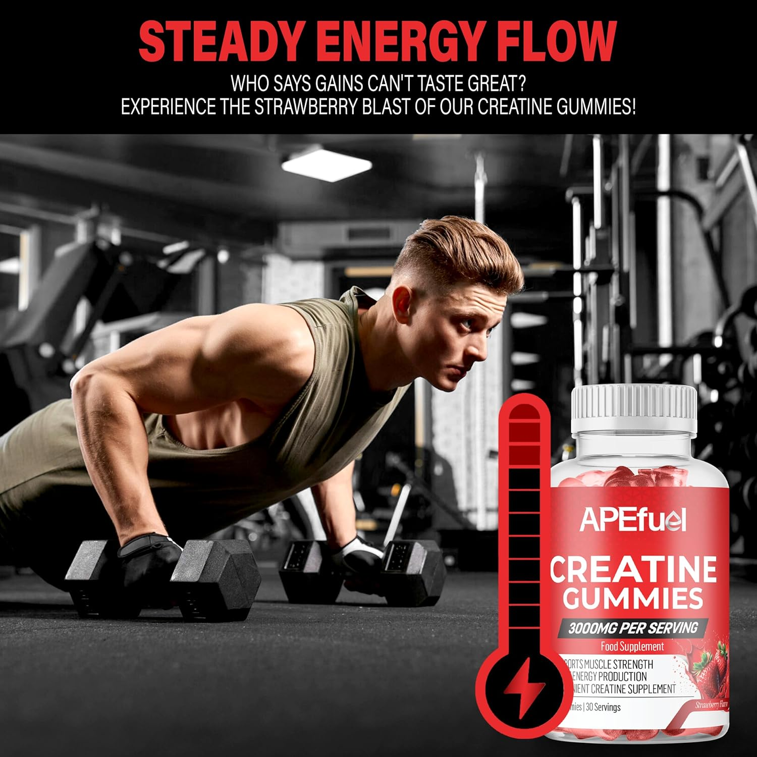 Apefuel Creatine Gummies for Men & Women - Sugar-Free Strawberry Flavored Pre-Workout Gummies for Muscle Growth, Strength & Cognitive Support - 3000Mg Creatine Dietary Supplement (30-Days Supply) image number 2