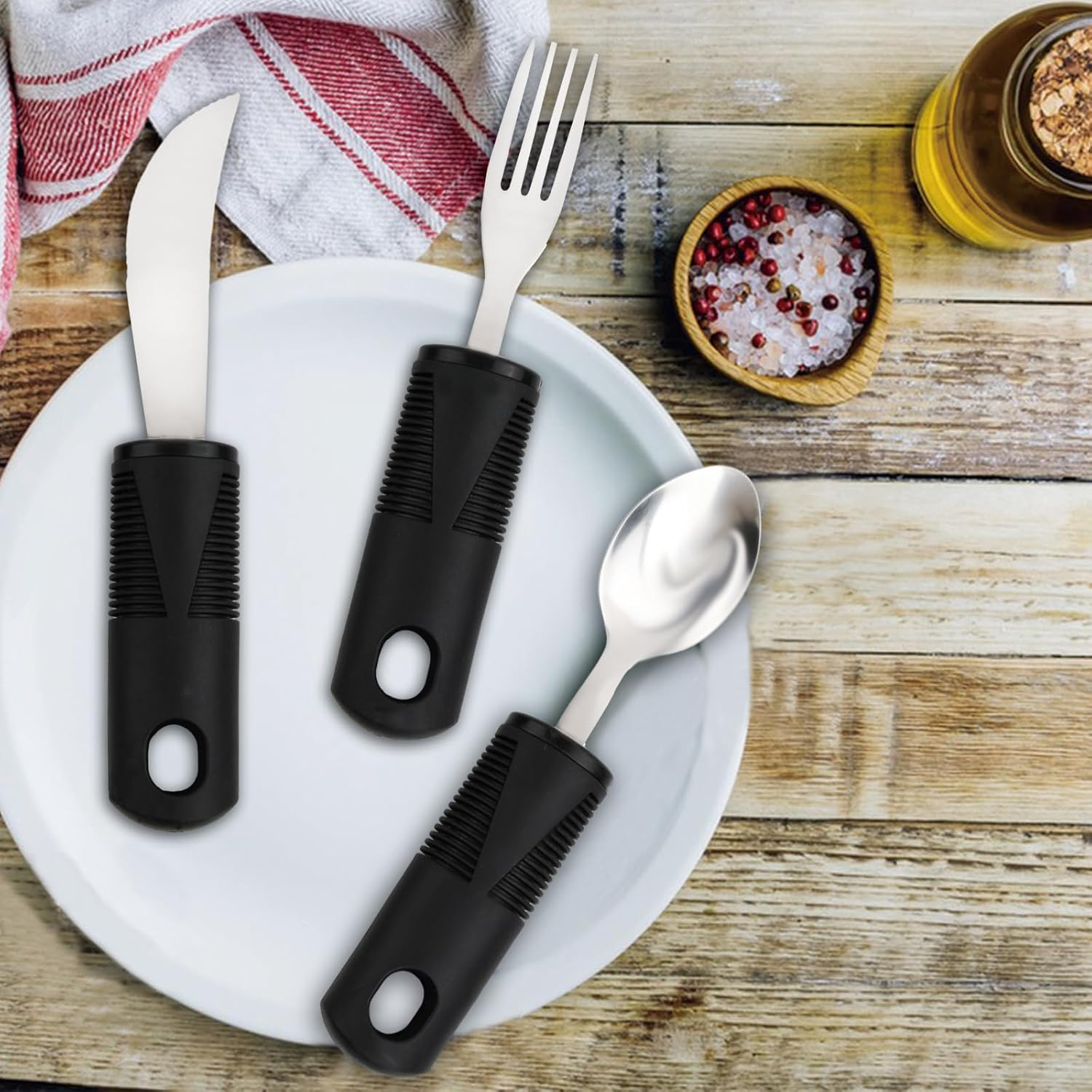 5-Piece Adaptive Utensils, Easy Grip Cutlery Set, Disabled Eating Aids, Cutlery Non-Slip Handles, Cutlery for Disabled People, Parkinson'S Disease, Patients, Elderly Arthritis, Black image number 1