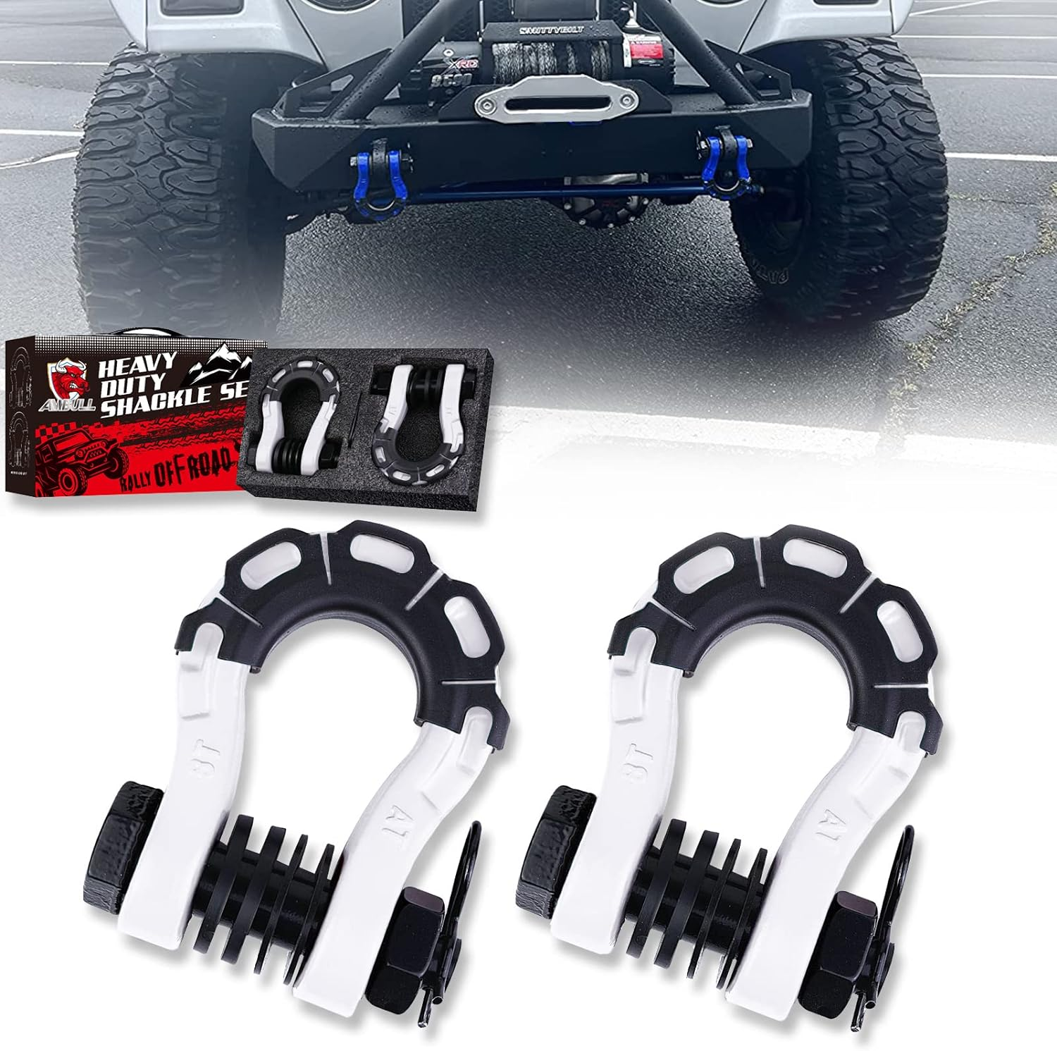 AMBULL Shackles Upgrade 3/4" D Ring Shackle (2 Pack) 70,000 Lbs Break Strength with 7/8" Pin, Isolator and Washer Kits for Use with Tow Strap, Winch, Off-Road Truck Vehicle Recovery, Orange