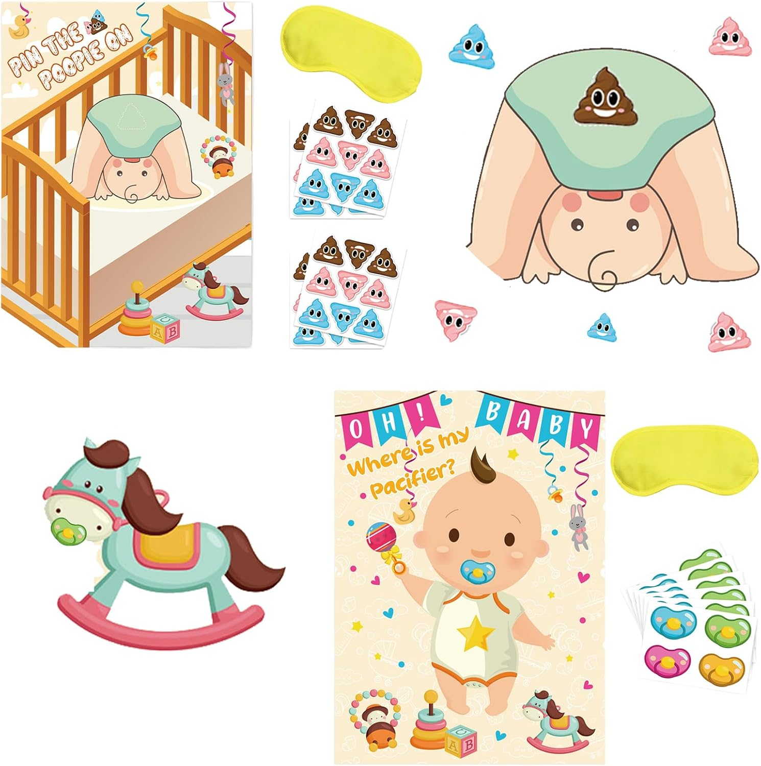 Baby Party Game Set - Fun Gender Reveal Decorations Party Supplies, Pin the Pacifier on Baby, Pin the Poop on Diaper, Cute Baby Room Theme and Eye Mask Game, Baptism/Poop Activity (2 Pieces) image number 6