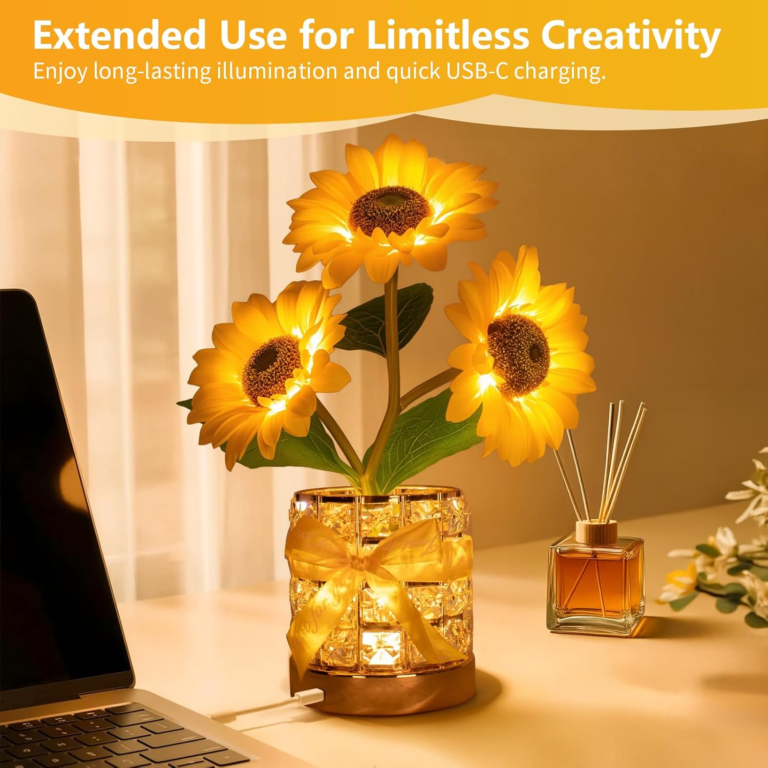 Sunflower LED Lamp,Usb Rechargeable Touch Night Light, 3 Color Stepless Dimmable,Small Battery Flower Decor for Bedroom, Restaurant, Bar &ndash; Birthday, Mother&rsquo;S Day,Wedding Gifts for Women,Mom image number 5