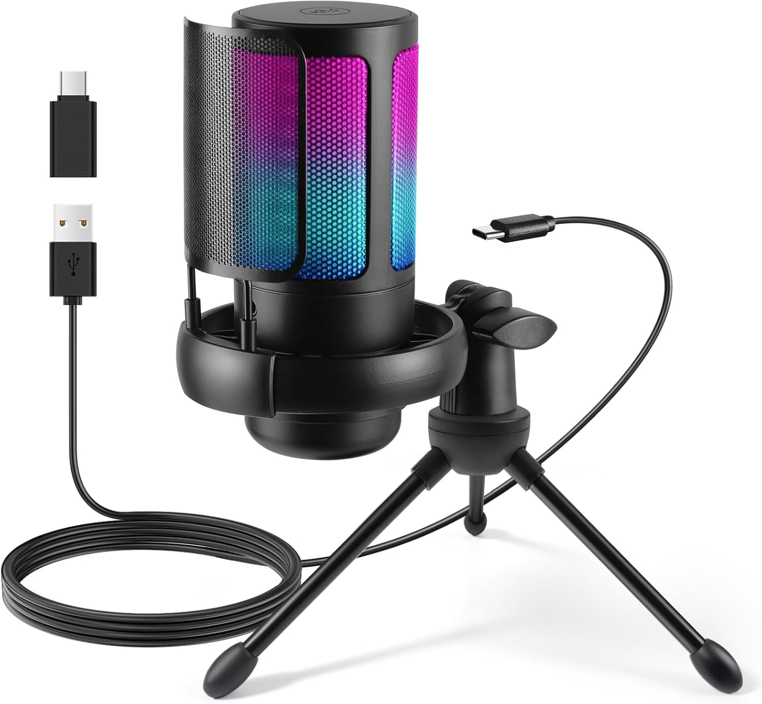 USB Microphone Gaming Mic with RGB Light, Condenser PC Podcast Microphone with Volume Control, Mute Button, Tripod Stand 3.5Mm Headphone Jack Compatible with Windows, Mac OS, Smartphones (Black) image number 3
