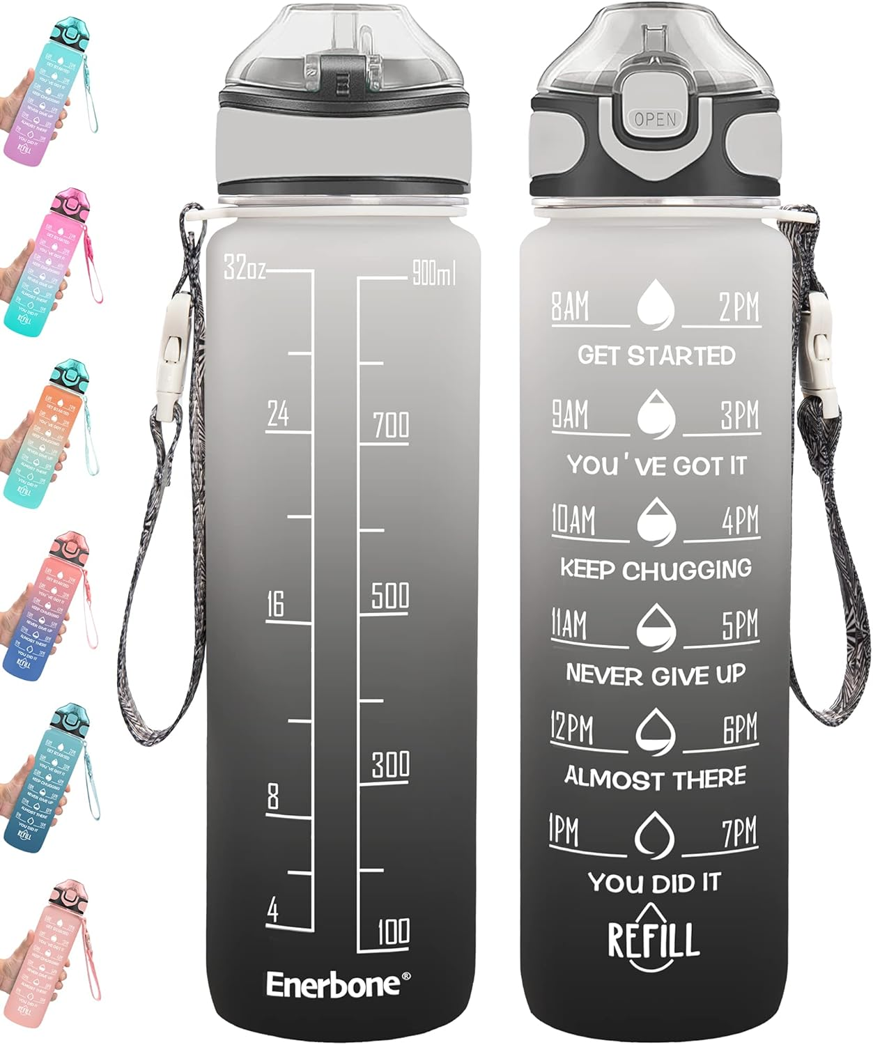 Enerbone 32 Oz Water Bottle with Times to Drink and Straw, Motivational Drinking with Carrying Strap, Leakproof BPA & Toxic Free, Ensure You Drink Enough Water for Fitness Gym Outdoor