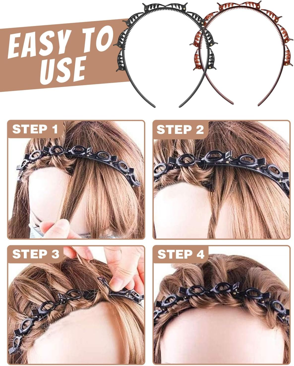 JUKOTA Set of 4 Hair Bands with Clips, Braided Hair Clips, Hairstyle Hairpin, Braided Headbands, Hairstyle Aid, Hair Pins, Hairdressing Supplies image number 1