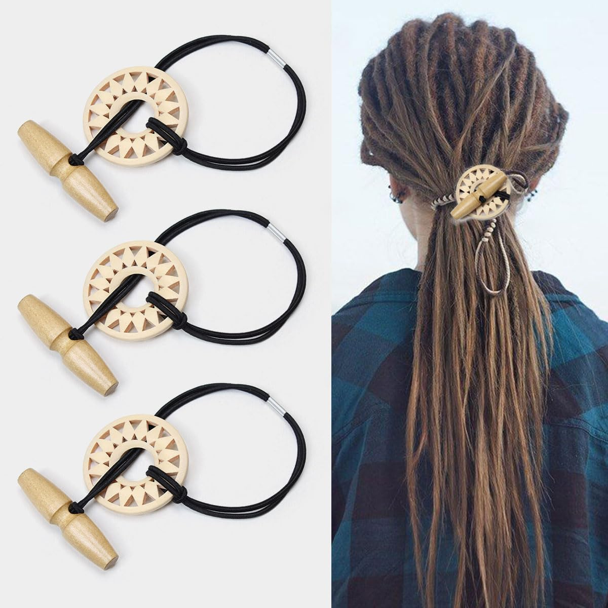 Kraler 3 Pcs Dreadlock Hair Ties for Thick Hair, Elastic Loc Bands with Hand-Carved Wooden Toggle, Boho Style Hair Accessories（White Brown Black）