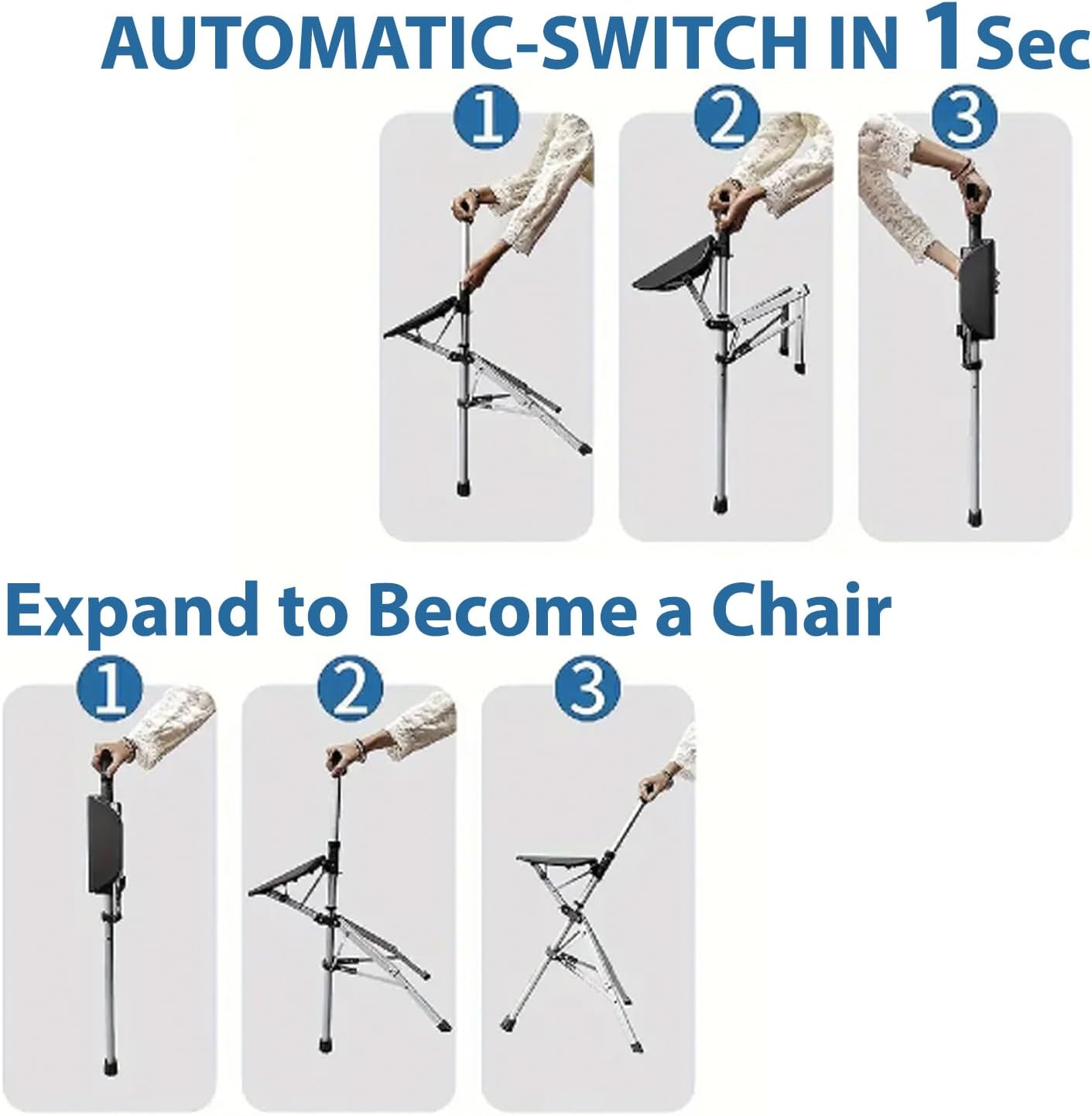 Cane with Seat Folding Walking Stick with Seat, Walking Cane with Chair, Foldable Chair, Crutches Stool for Camping, Hiking, Lightweight, Easy Carry, Anti-Slip (Black)