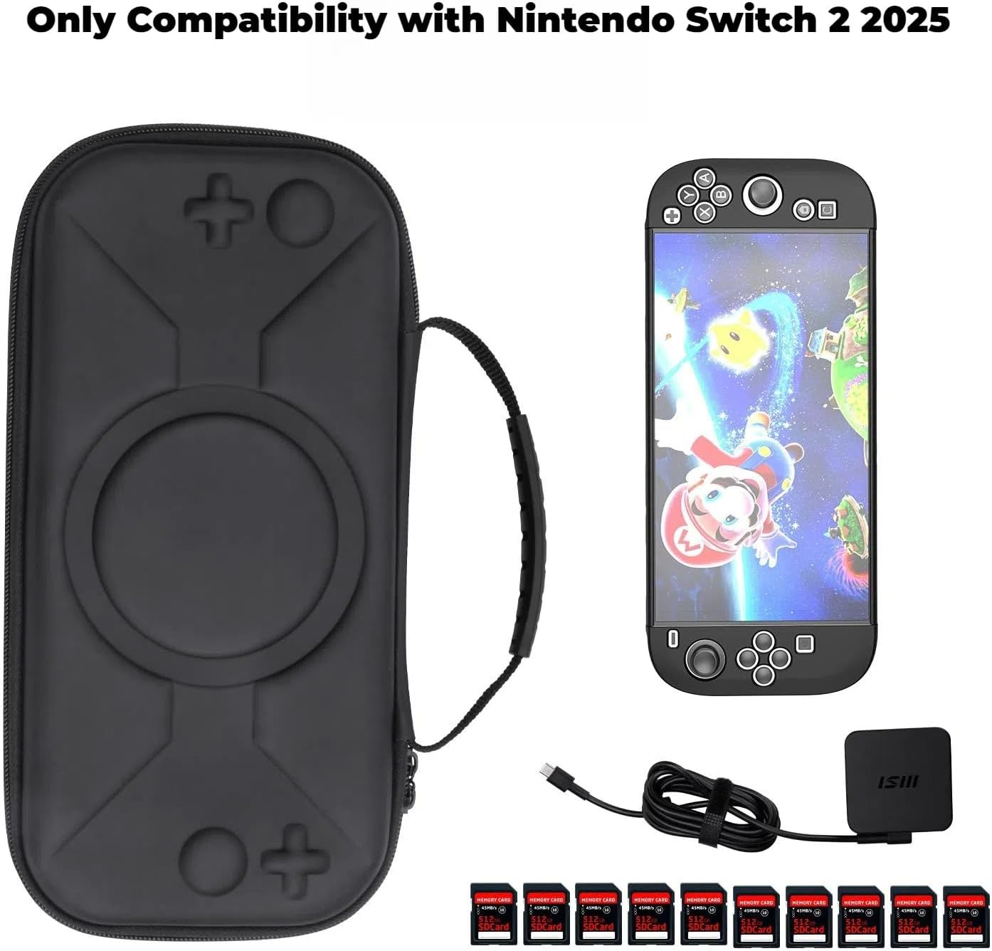 Slim Carrying Case for Nintendo Switch 2 2025, Portable Travel Storage Case with 10 Game Card Slots, All-Round Protection for 2025 Nintendo Switch 2 Console and Accessories (Black) - Black image number 6