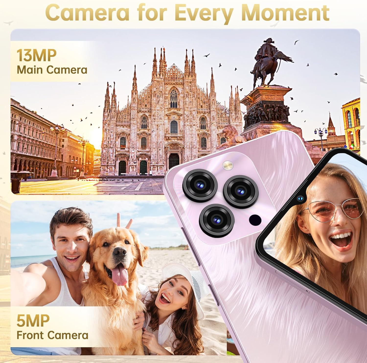 OUKITEL C3 Cell Phone Unlocked 2025-16GB RAM+128GB/TF 1TB ROM Smartphone, 5000Mah Battery, 6.52'' Waterdrop Screen, 13MP+5MP Camera, 4G Dual SIM Android Phone, Face Id/3.5Mm Jack/Gps/Bt5.0, Pink