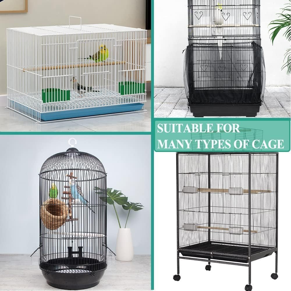 Bird Cage Seed Catcher Adjustable Bird Cage Cover Soft Nylon Mesh Net with Drawstring Birdcage Skirt Feather Guard for round Square Cages (Black, 87 * 15.7In/220 * 40Cm) image number 1