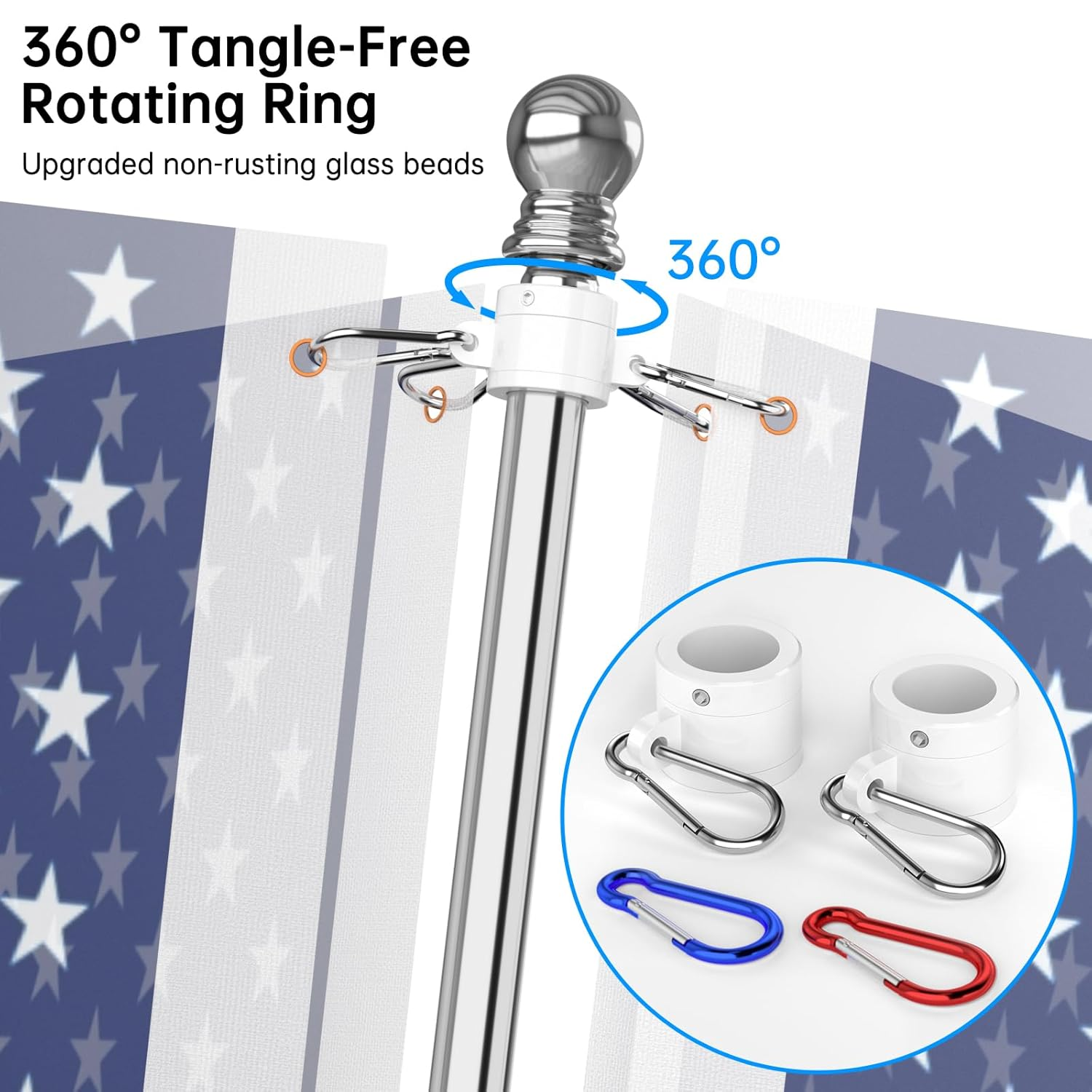 ZMTECH Flag Pole - Upgraded Bracket, 6 FT Stainless Steel Flag Poles for outside House, Residential or Commerical, Tangle Free Flag Pole Kit for American Flag (Without Flag, Silver) - Silver image number 2
