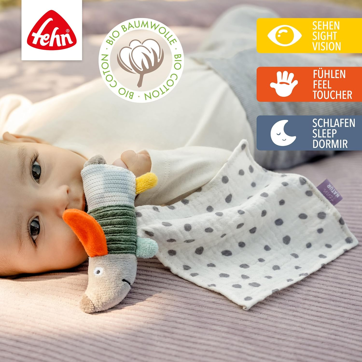 Fehn Mini Comforter Dog Natural - Mini Playmate & Stuffed Toy Cuddly Blanket with Organic Cotton from Organic Controlled Cultivation (KBA) - for Babies & Toddlers from 0+ Months image number 5