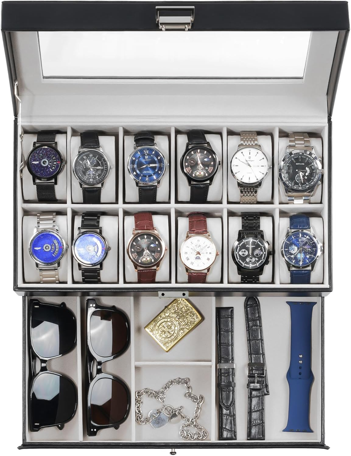 Procase Watch Box for Men, 12 Slot Mens Watch Case with Drawer, Watch Display Case with Glass Lid, 2-Layer Watch Holder Organizer, Jewelry and Watch Storage for Men Women -12Slot, Espresso