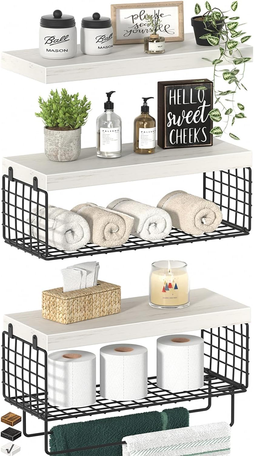 Floating Wall Shelves, Bathroom over Toilet, 40 Cm Set of 3, Wall Mounted Floating Shelves Toilet Paper Storage Small Farmhouse Decor(White 2 Baskets Storage)
