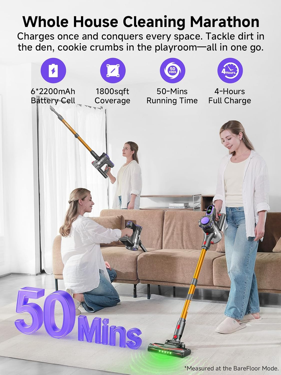 MONSGA Cordless Vacuum Cleaner, 45Kpa Stick Vacuum for Home, 50Mins Anti-Tangled Vacuum Cleaner with Charging Dock, Light-Weighted Handheld Vacuum for Pet Hair/Carpet/Floor, MV3 (Gold)