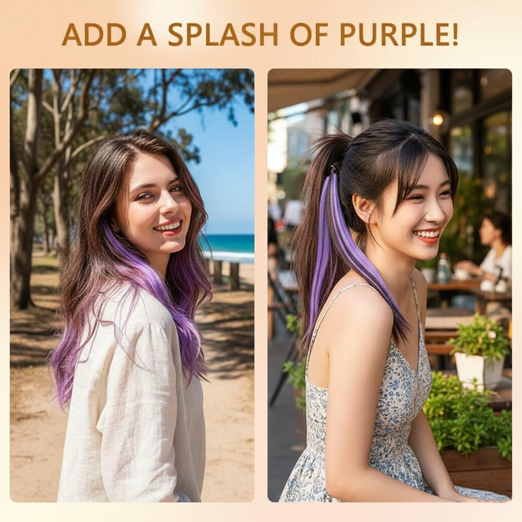 IMTKOOCO Purple Hair Extensions Clip in 4PCS Straight Highlighted Hair Pieces Professional Hair Extensions Clip in for Girls Women Halloween Cosplay Including Purple Hair and Clip in Hair Extensions image number 2