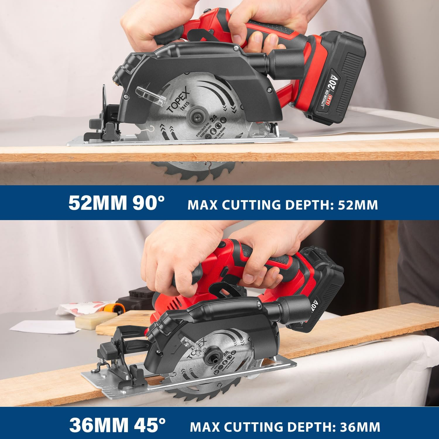 TOPEX 20V Circular Saw 165Mm Cutting Machine Professional Compact Lightweight 4,300RPM, 0&deg;- 45&deg; Bevel Cutting for Home Office Industry with 4.0Ah Battery & Charger image number 2