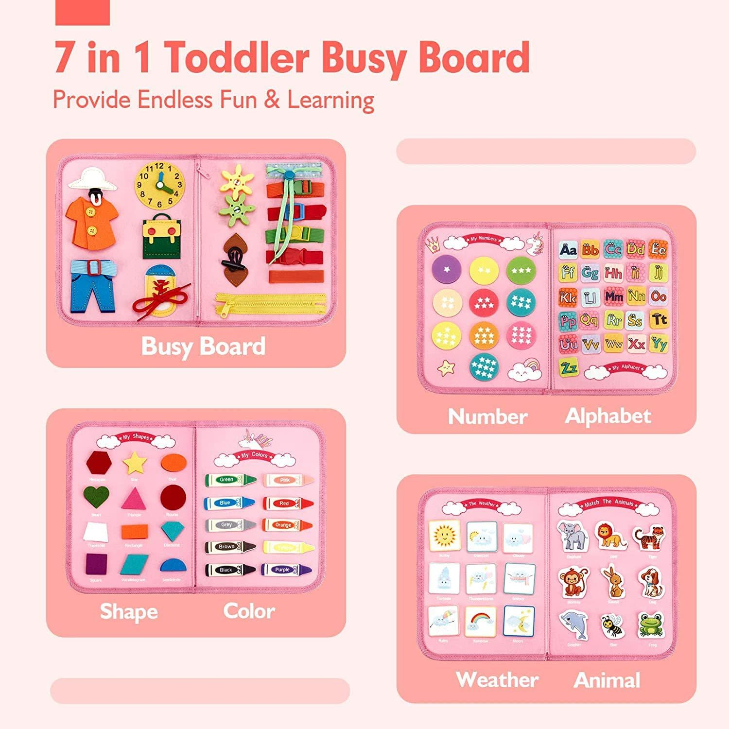 Busy Board for Toddlers, Montessori Toys for 1 2 3 4 Year Old, Busy Book for Educational Activities Playing, Baby Travel Toys for Plane Car, Birthday Gifts for Girls Boys (Pink) image number 5