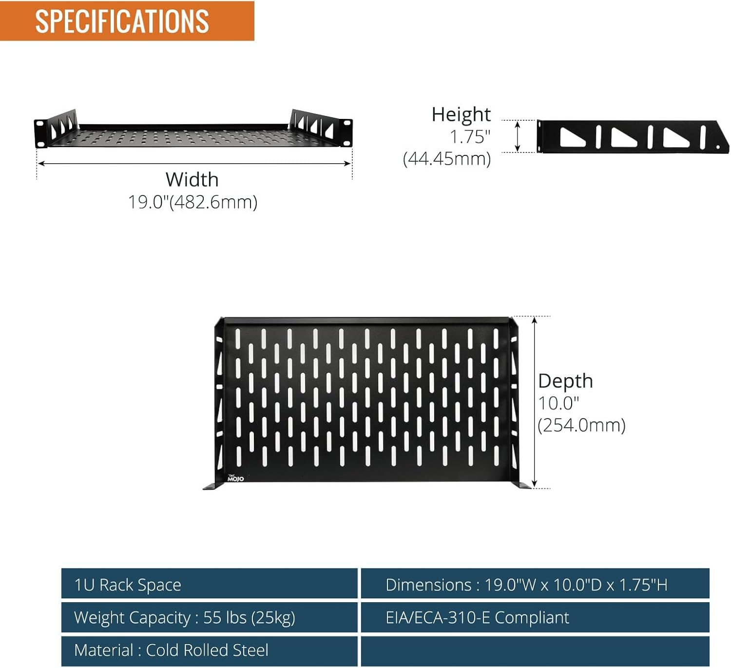 Tecmojo 1U Server Rack Shelf, Universal Rack Mount Shelf- 250 Mm Deep, Vented Cantilever Tray for 19 Inch Server Racks & Network Cabinets, Good Air Circulation, Weight Capacity 25 Kg / 55Lbs, Black image number 1