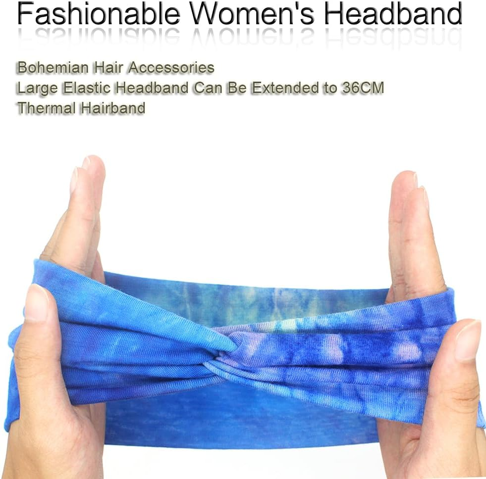 6Pcs Women'S Hairband Bandana Accessories for Adults - Boho Elastic Turban Wide Non-Slip Scarf Headbands for Short Hair (Tiedye) - 14Navyblue image number 7