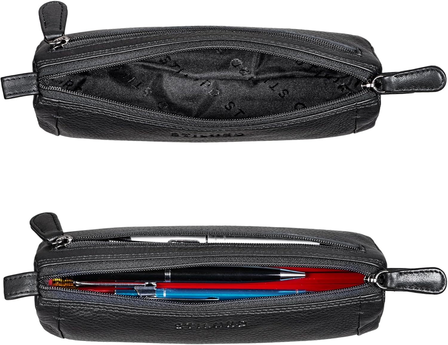 STILORD 'Freddie' Pencil Case Leather Writing Case 2 Compartments Vintage Pencil Case Large Pencil Case for Ruler Pens Brush Made of Genuine Leather, Black, M image number 4