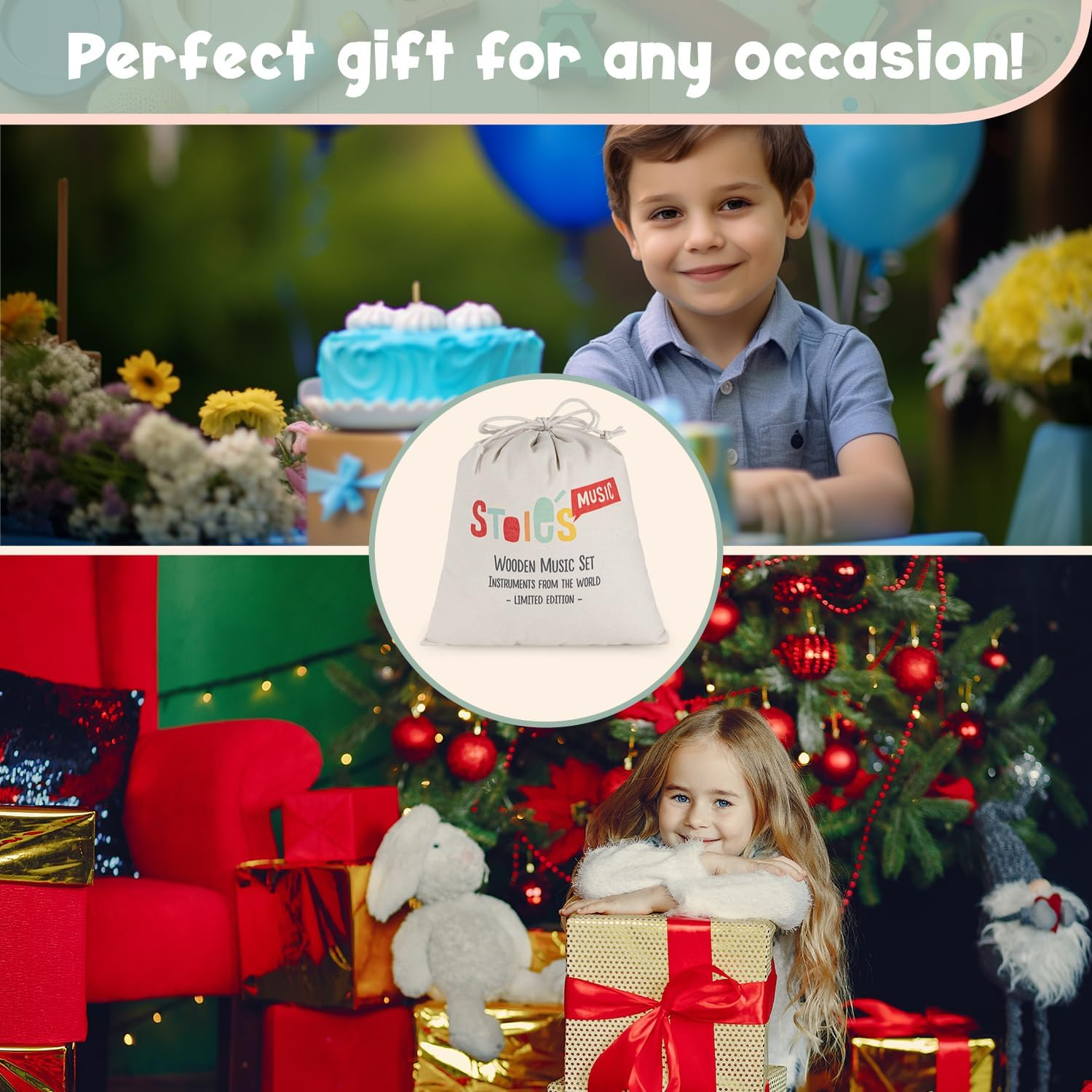 Stoie'S Wooden Kids Musical Instruments for Babies and Toddlers 1-9 Years Old, Montessori Educational Music Toy with Xylophone, Tambourine, Hand Bell, Triangle, Maracas, Durable, Storage Bag, Unisex