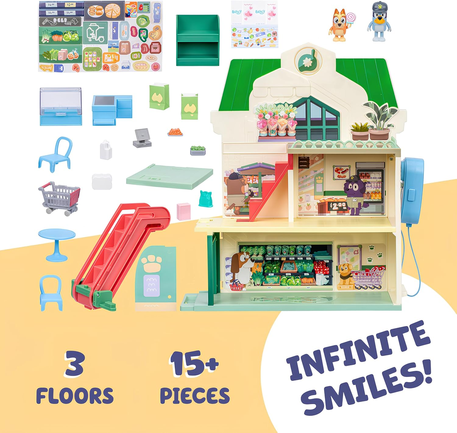 Bluey Supermarket Playset, 3 Different Levels with Exclusive Bluey and Bingo Figures. Includes Working Escalator, 24 Sounds and 15+ Play Pieces plus Fun Intercom, over 40Cm (15") Tall. image number 2
