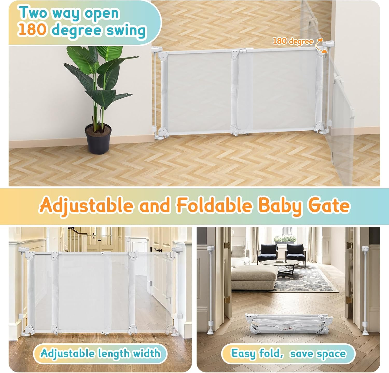 Foldable Baby Gate, Adjustable Baby Gates for Doorways, Dog Gate Adjustable Width 80 to 140Cm, 75Cm Tall Pet Gate One Handed Operation, Mesh Safety Gate for Stairs/Hallways/Outdoor/Indoor