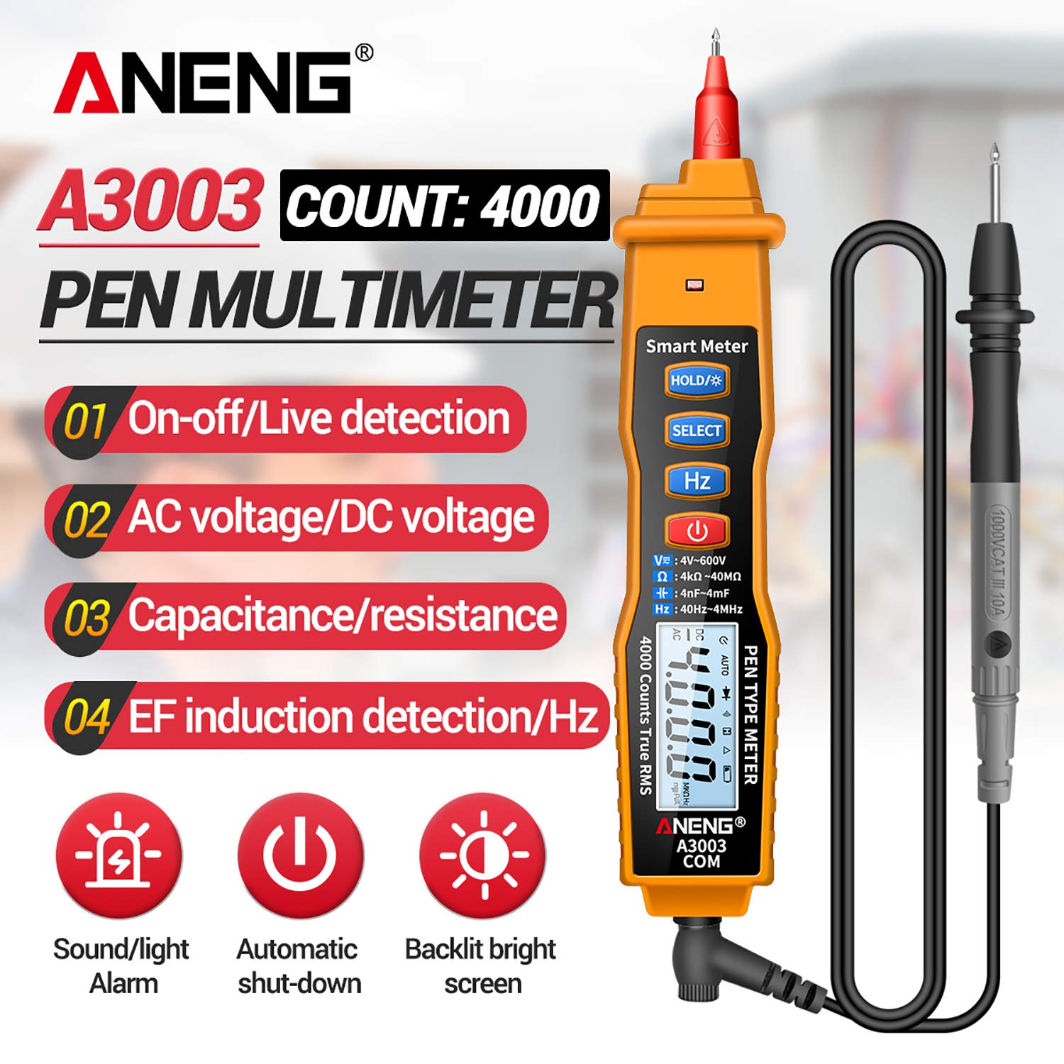 Digital Pen Multimeter NCV AC/DC Voltmeter Ohmmeter Resistance Capacitance Frequanecy Live Line Test Handheld 4000 Counts LCD Backlight Tester with Data Hold and Flashlight Yellow image number 1