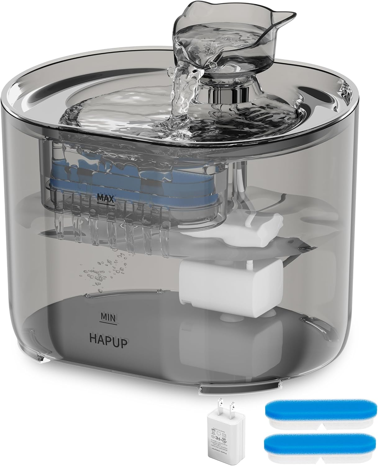 HAPUP Cat Water Fountain Battery Operated Filters 2.2L Cat Fountain Filters Pet Fountain Replacement Filter Oval with Quadruple Filtration System image number 4
