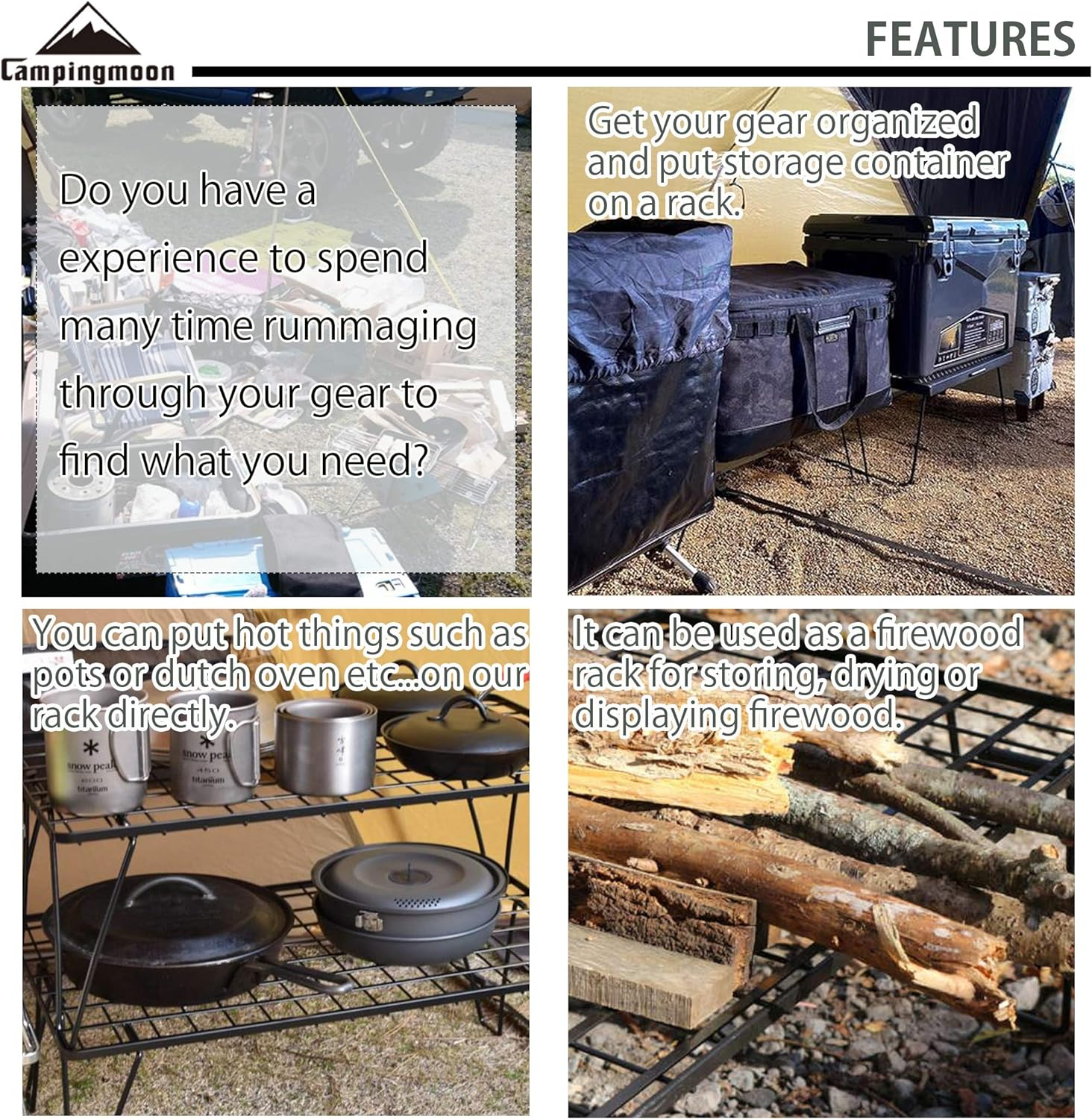 Camping Moon 2Pcs Outdoor Folding Multipurpose Storage Rack with Carrying Bag, Steel Plating Black T-230-2T image number 4