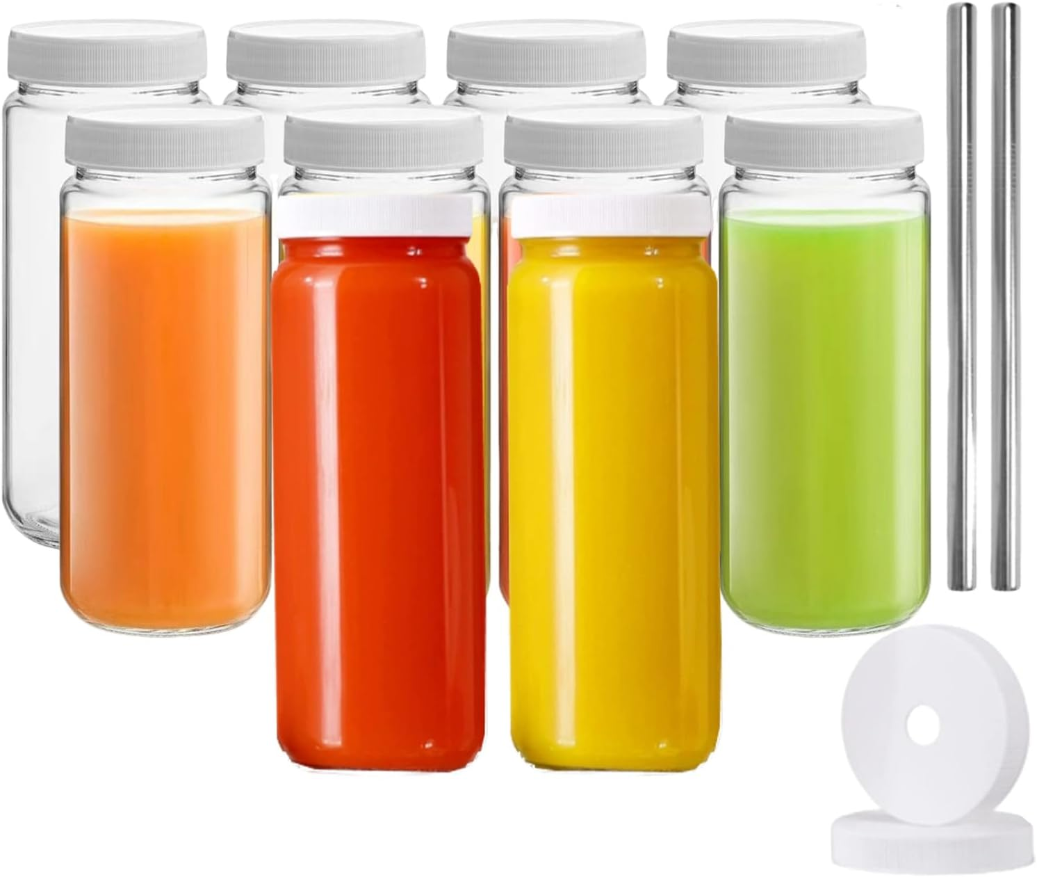8 Pcs Glass Juice Bottles,16 Oz Glass Bottles with Caps,Reusable Jar Clear Glass Water Bottle with Plastic Airtight Lids for Fridge Glasses for Juice, Cold Brew Bottles, Smoothie Jars image number 3